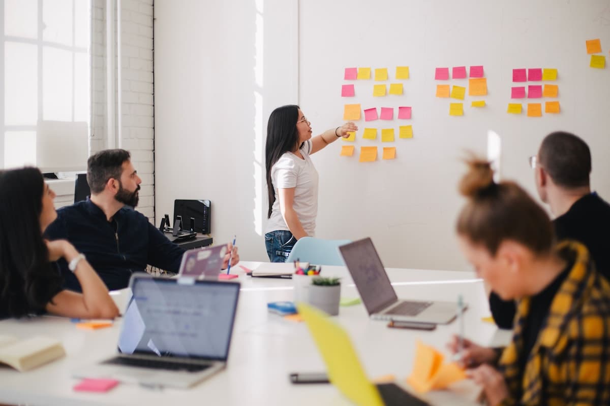 Team planning work together at a wall of notes